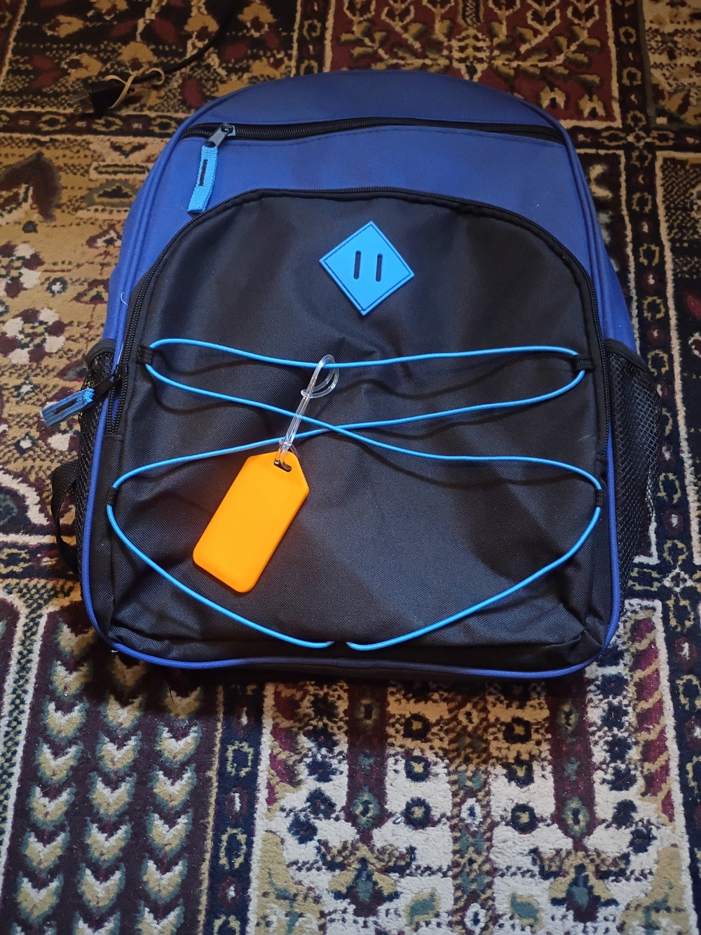& Other Stories Blue and Black Men's Backpack with Orange Tag
